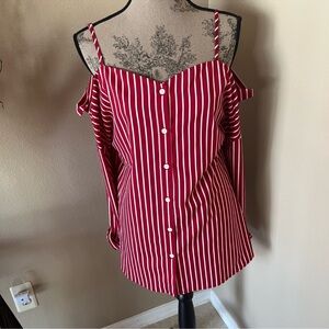 Red Striped Women's Cold Shoulder Top
